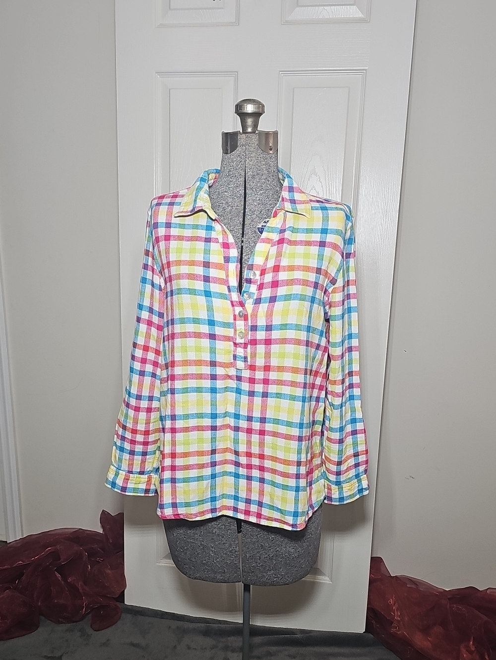 MULTIPLES Woven Plaid Button Bodice Shirt Linen Blend Roll Up Sleeve Size M
